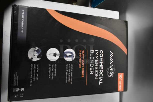 Brand new AvaMix 928IBHDW10 immersion blender box, 10" whisk, 1 1/4 hp, 120 volts, tested and working, slight scratches.