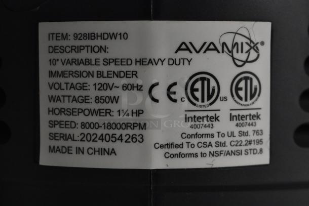 "Label on AvaMix 928IBHDW10 immersion blender showing specs: 10-inch, 1 1/4 hp, 120V, 8000-18000 RPM."