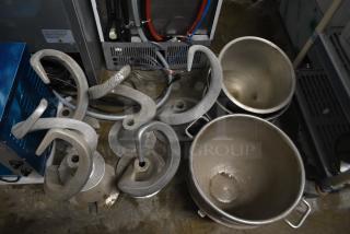 Set of 3 stainless steel mixing bowls and 5 dough hook attachments for Hobart mixer, showing moderate wear.