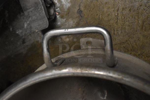 Set of 3 metal mixing bowls and 5 dough hook attachments for Hobart mixer, shows light wear.