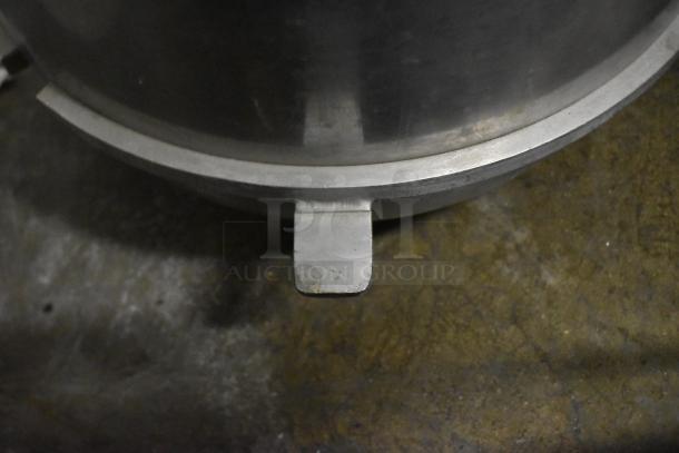 Metal mixing bowl from Hobart mixer set, showing base grip. Heavy-duty construction. Part of an 8-item auction lot.