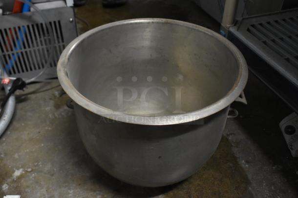 Alt text: Large metal mixing bowl for Hobart mixer, showing some wear. Part of a lot with 3 bowls and 5 dough hooks.