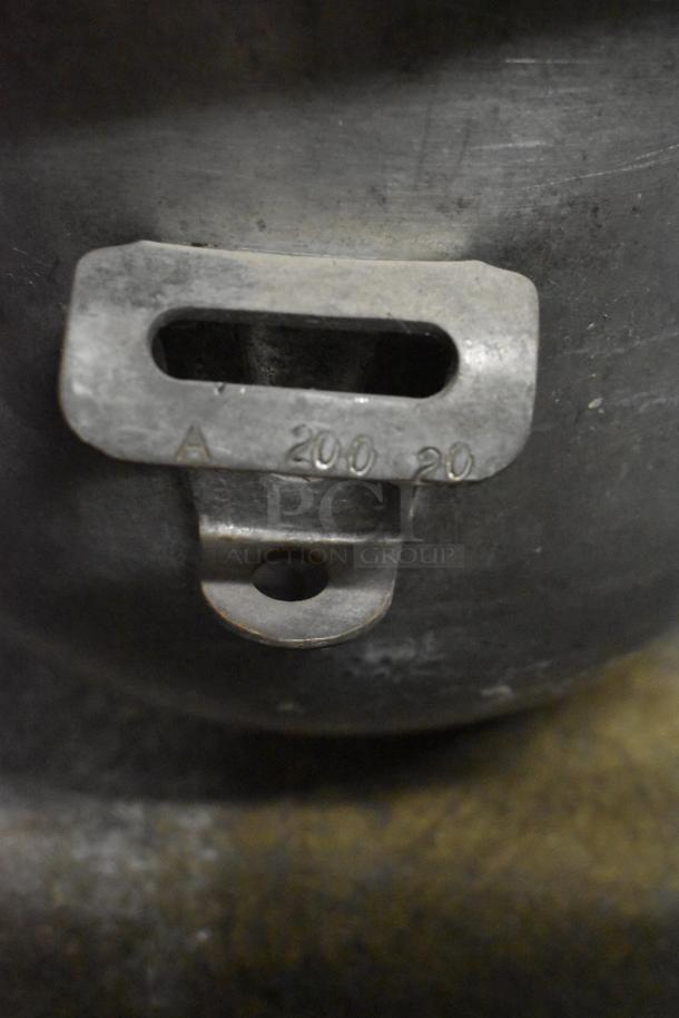 Mixing bowl attachment with "A 200 20" marking for Hobart mixer, metal, used condition.