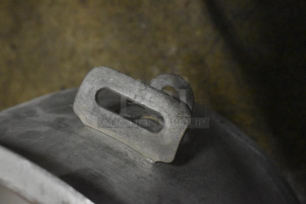 Set of 8 items: 3 mixing bowls and 5 Hobart mixer dough hooks. Used condition. Metal finish with securing attachment.