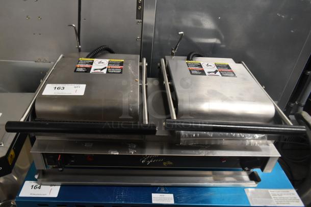 Brand new Star GX20IG 20" double sandwich grill with grooved cast iron plates, dual 10" x 10" cooking surface. Scratch and dent condition. 208/240 volts, 1 phase.