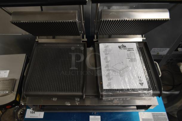 Brand new Star GX20IG double sandwich grill, grooved cast iron plates, dual 10"x10" surfaces, 208/240V, 1 phase.