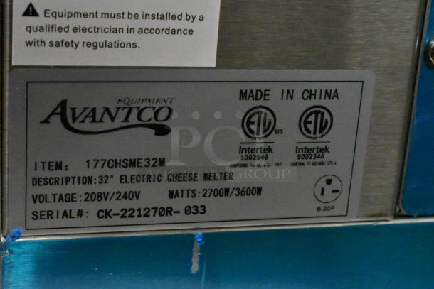 Brand new Avantco 177CHSME32M commercial cheese melter, 32", stainless steel, 208/240V, 2700W/3600W, with steel racks.