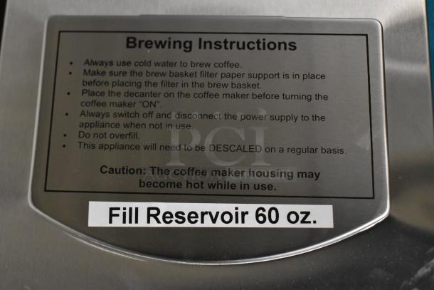 Brand new Avantco 177C15 Pourover Airpot Coffee Brewer, 120V. Scratch and dent condition. Includes brewing instructions and 60 oz. fill reservoir label.
