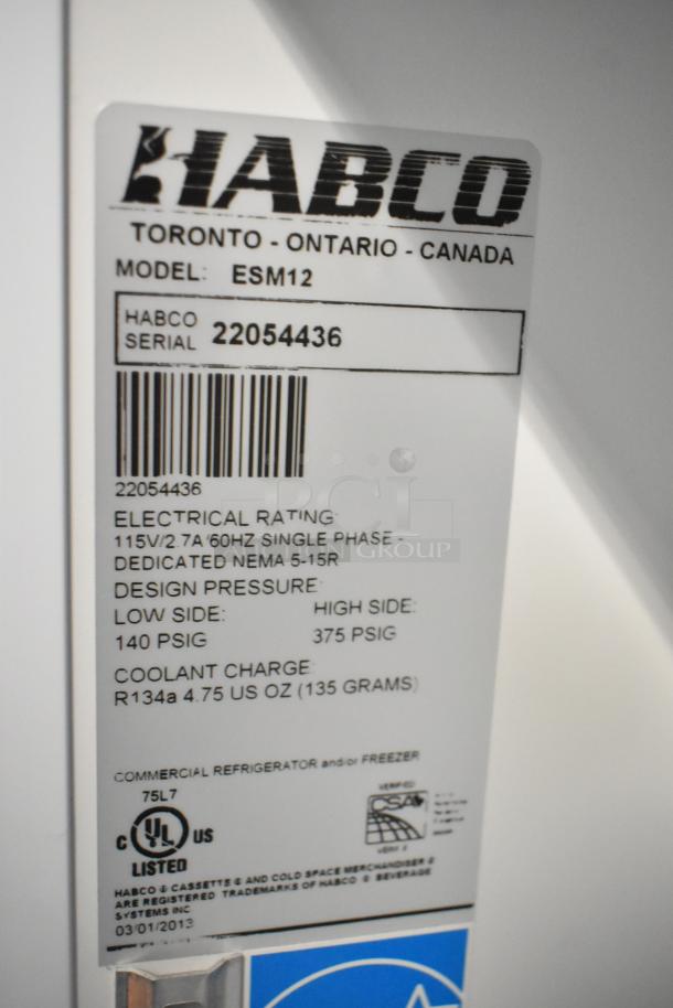 Habco ESM12 cooler label; features 115V, 2.7A, single phase. Serial 22054436. Uses R134a coolant. UL listed.