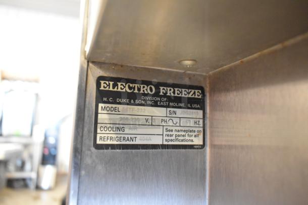 Electro Freeze 56TF-232 soft serve machine label, detailing 208-230V, 3-phase, air-cooled, refrigerant 404A.