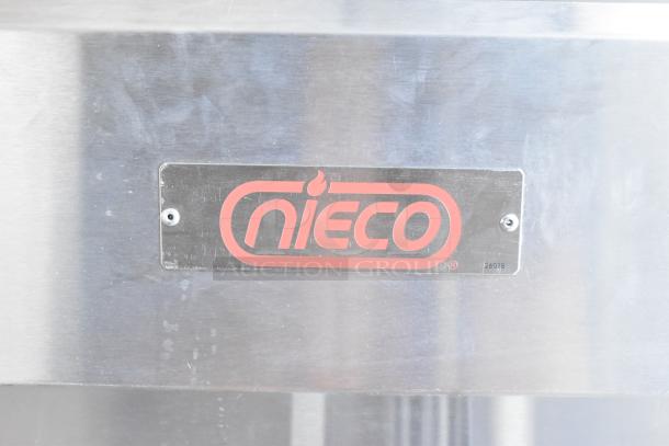 "Nieco JF93E label on a stainless steel commercial conveyor charbroiled burger grill, model 2021, in new condition."