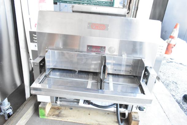 Brand new 2021 Nieco JF93E electric conveyor charbroil grill. Countertop model, 208V, 3-phase. Stainless steel.