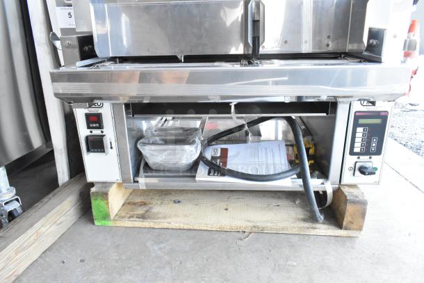 Brand new 2021 Nieco JF93E commercial electric conveyor charbroiled burger grill, 208V, 3 phase, on pallet.