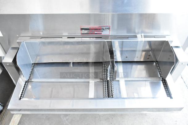 Brand new 2021 Nieco JF93E Conveyor Charbroiled Burger Grill, electric powered, 208V, 3 phase, caution label visible.