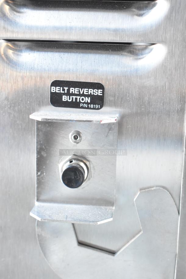 Nieco JF93E Charbroiled Burger Grill, belt reverse button detail. Brand new, 208V, 3 Phase, model JF93E.