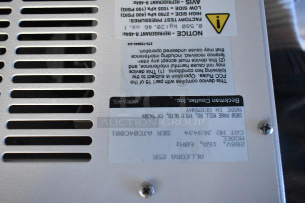 Beckman Coulter Allegra 25R Centrifuge with TA-10-250 rotor, 356966 adapters, clear labels, and serial markings visible.
