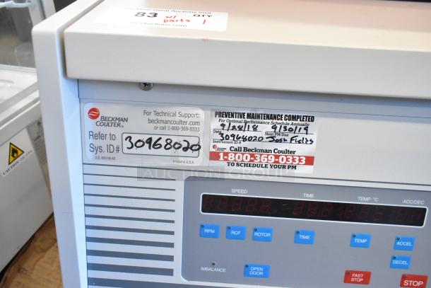 Beckman Coulter Allegra 25R Centrifuge, TA-10-250 Rotor, with 356966 Adapters. Maintenance and system ID labels visible.