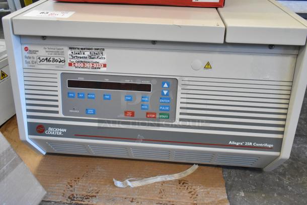 Beckman Coulter Allegra 25R Centrifuge with TA-10-250 Rotor and 356966 Adapters. Control panel and labels visible.
