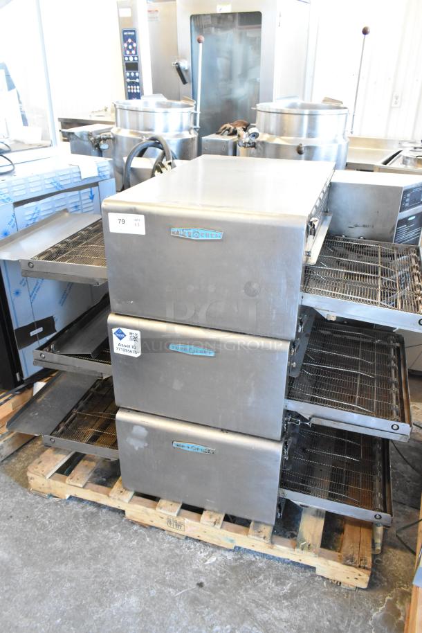 Three Turbochef HhC2020 rapid cook conveyor ovens on a pallet. Stainless steel, good condition, labels visible.