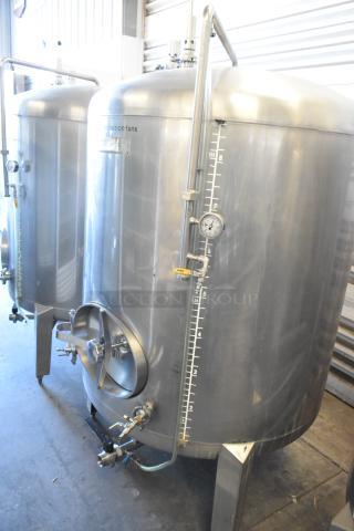 Stainless steel 8.75 BBL beer tax determination tank, 367-gallon capacity, with gauge and valves, in excellent condition.