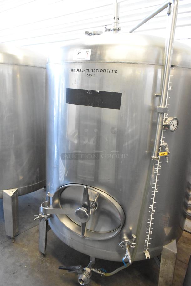 Stainless steel 8.75 BBL / 367-gallon tax determination tank, commercial-grade, clear beer tank; visible markings and pressure gauge.