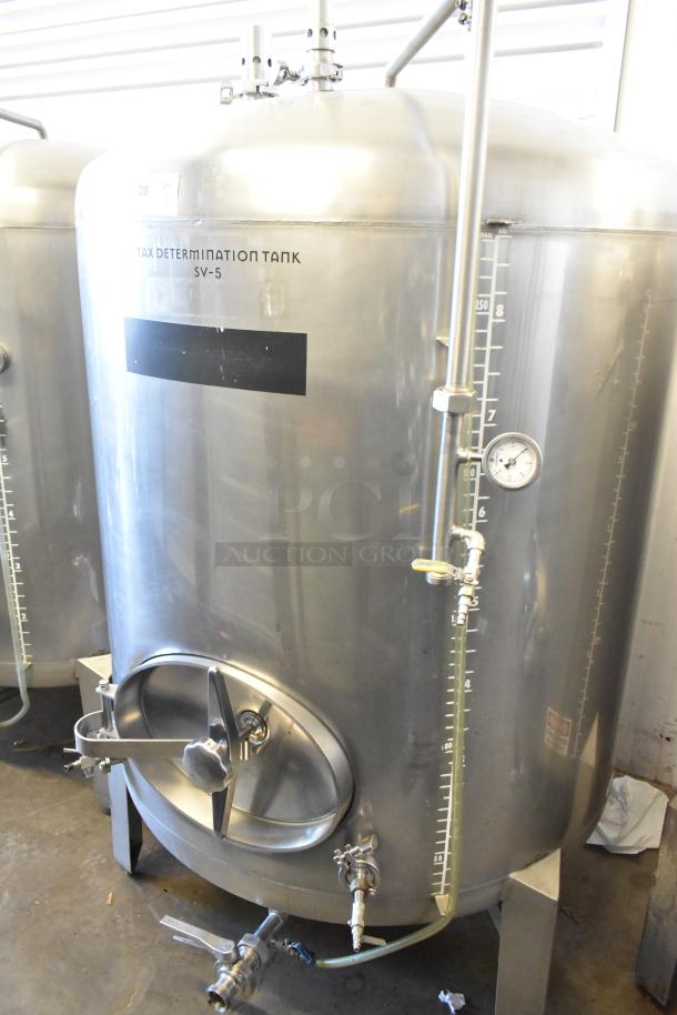 Stainless steel 8.75 BBL / 367-gallon beer tax determination tank, features gauges and valves, inscription reads "TAX DETERMINATION TANK SV-5."