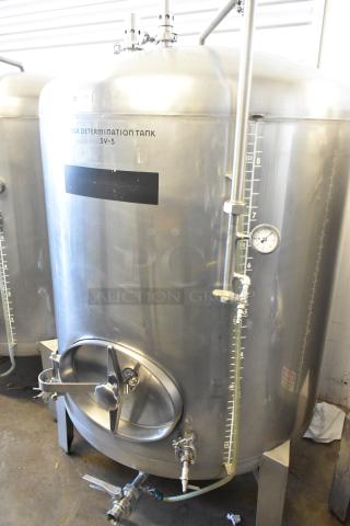 Stainless steel 8.75 BBL / 367-gallon beer tax determination tank, features gauges and valves, inscription reads "TAX DETERMINATION TANK SV-5."