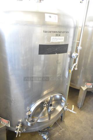 Stainless steel commercial 8.75 BBL / 367-gallon beer tax determination tank with labeled markings and access ports.