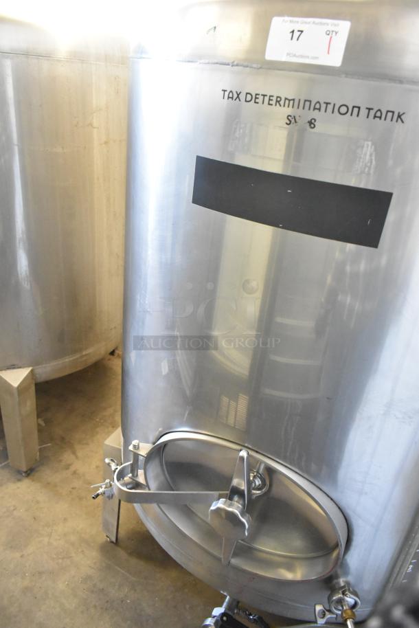 Stainless steel 8.75 BBL/367-gallon beer tax determination tank, floor style, with labeled markings, commercial-grade condition.