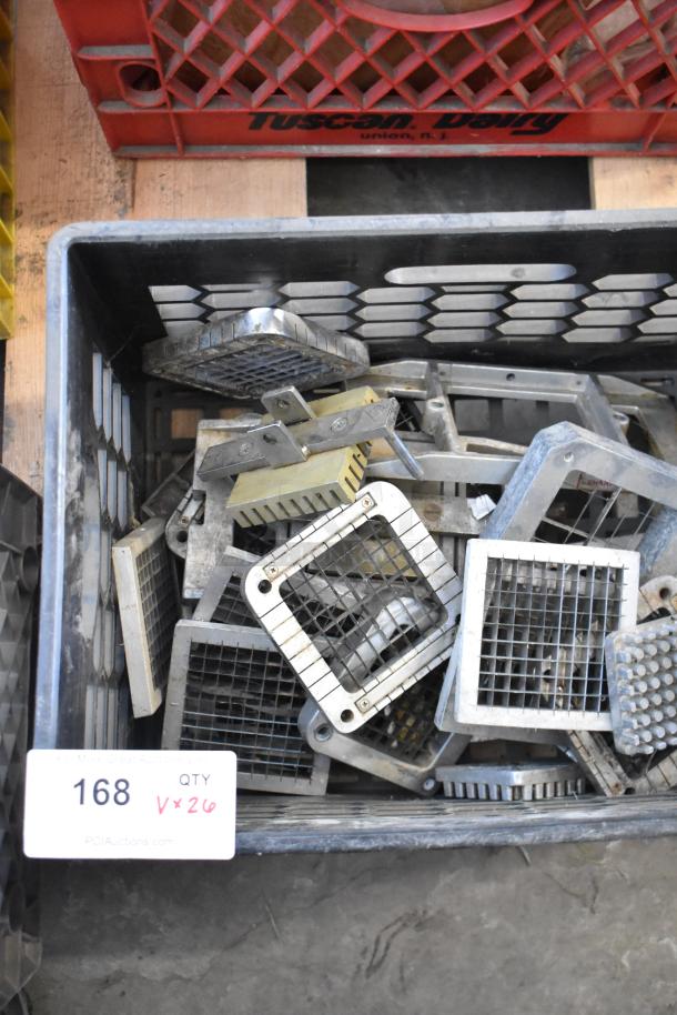 Collection of 26 various metal blades for vegetable slicers in a crate. Includes grid and plain designs. Used condition.