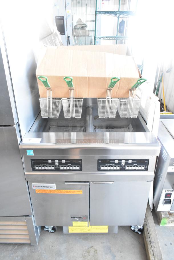 Brand new 2021 Frymaster FPPH255CSE propane fryer with 4 metal baskets, filtration system, and 80,000 BTU on casters.