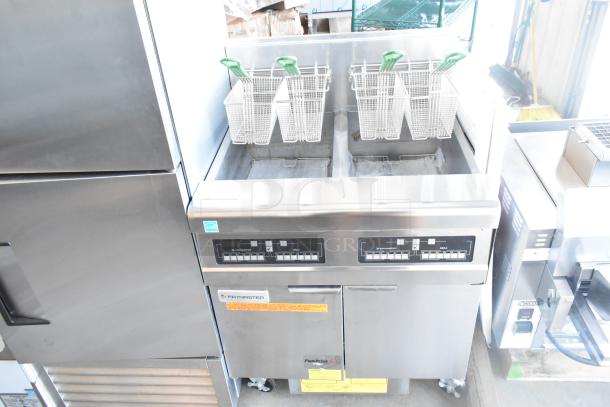 Brand new 2021 Frymaster FPPH255CSE commercial fryer, propane-powered, 80,000 BTU, 4 baskets, filtration system, on casters.