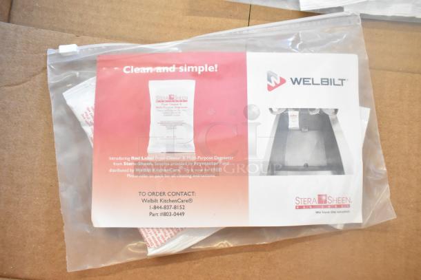 Plastic bag with Stera-Sheen Red Label Fryer Cleaner sample and Welbilt branding, promoting cleaning solutions.