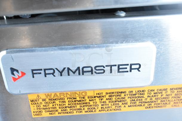 Brand new Frymaster FPPH255CSE commercial propane gas fryer, with label and warning visible. 80,000 BTU power.
