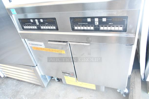 Brand new 2021 Frymaster FPPH255CSE propane deep fryer with four baskets, filtration system, and casters, 80,000 BTU.