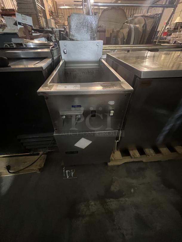 Commercial pasta boiler, stainless steel, model 16x37x39.5, visible wear, with control panel and labels.