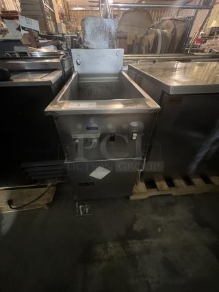 Commercial pasta boiler, stainless steel, model 16x37x39.5, visible wear, with control panel and labels.