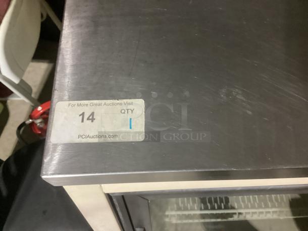 Refrigerated deli display case, Model TSID-48-4-L, 120v, 48-½" x 29-¼" x 42", stainless steel top, tag indicates auction lot #14.