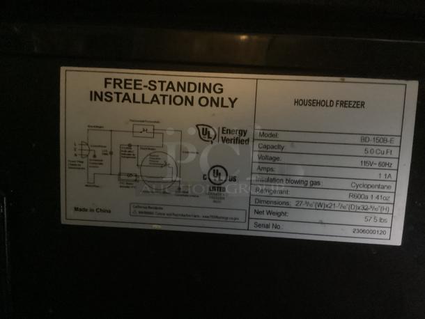 Ice Cream Factory Deep Freezer, model BD-150B-E. Dimensions: 27-¼"x21"x33". Capacity: 5 cu ft. 57.5 lbs. Energy Verified.