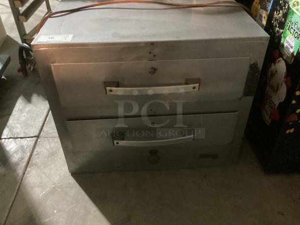 Toastwell Warming Drawers, Model FFW-2, 28x19x23 inches, metal exterior, dual drawers, visible wear, top label marked #16.