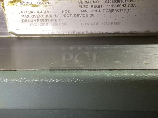 Delfield Refrigerated Drawers Model D44-32N. Features R-404A refrigerant, 115V, 32"W x 31.5"D x 36"H. Serial 0409036101435-1.