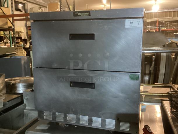 Delfield D44-32N refrigerated drawers with worktop, stainless steel, 32x31.5x36 inches, two-drawer unit, model tag visible.
