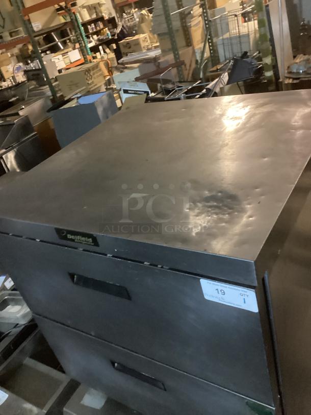 Delfield Refrigerated Drawers D44-32N, stainless steel worktop, size 32x31.5x36 inches, visible label with model number.