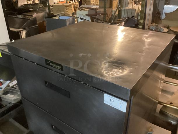 Delfield refrigerated drawers, model D44-32N, stainless steel, 32x31.5x36 inches, visible branding and label, fair condition.