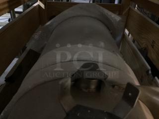 Large cylindrical tank in wooden crate, dimensions 48 x 25 x 33 inches, appears unused with protective packaging visible.