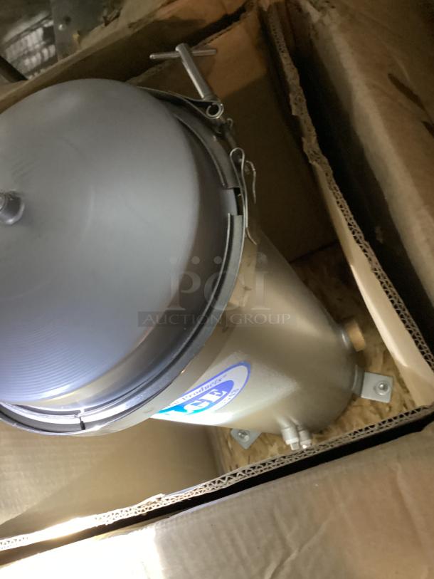 Eldge stainless steel water filtration product, 13x13x33, in packaging. Features sturdy build, visible brand label.