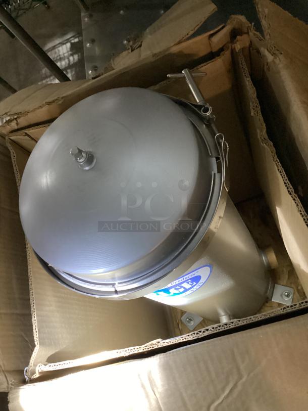 Eldge stainless steel water filtration product, 13x13x33 inches, in new condition, visible branding on side.