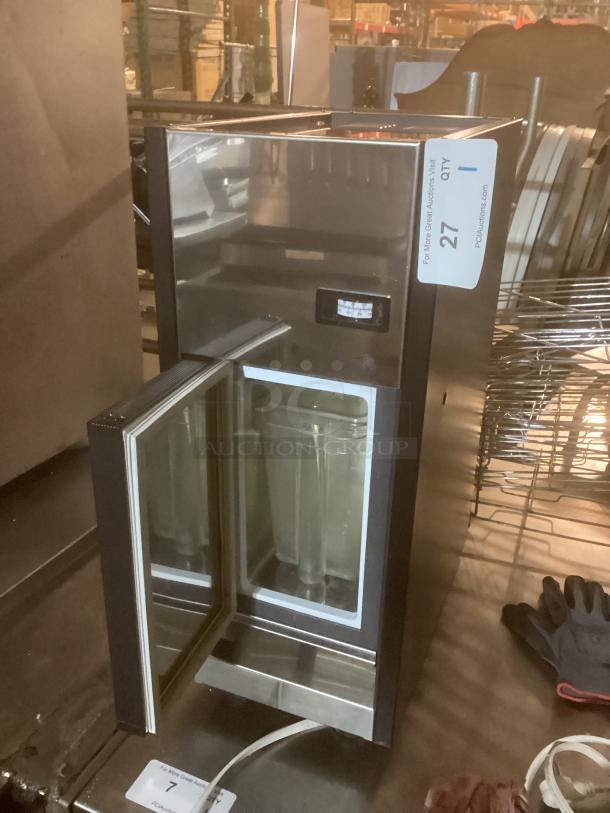 Vitrifrigo Milk Chiller FG 12 F 7, stainless steel, 10"x16"x24.5", open door, sleek design, auction tag visible.