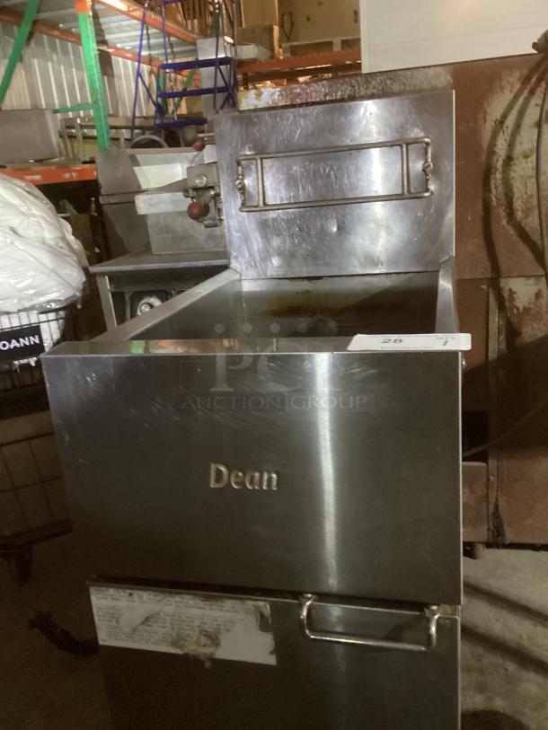 Dean Frymaster SR142GN commercial fryer, stainless steel, used condition, dimensions 16x30x46 inches, visible branding.