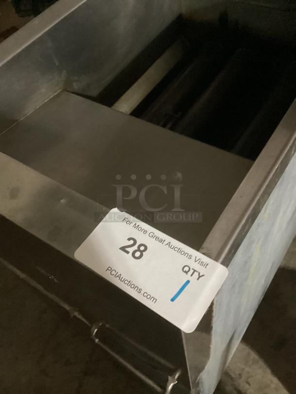 Dean Frymaster SR142GN fryer, stainless steel, dimensions 16x30x46 inches, tag indicating auction lot "28".